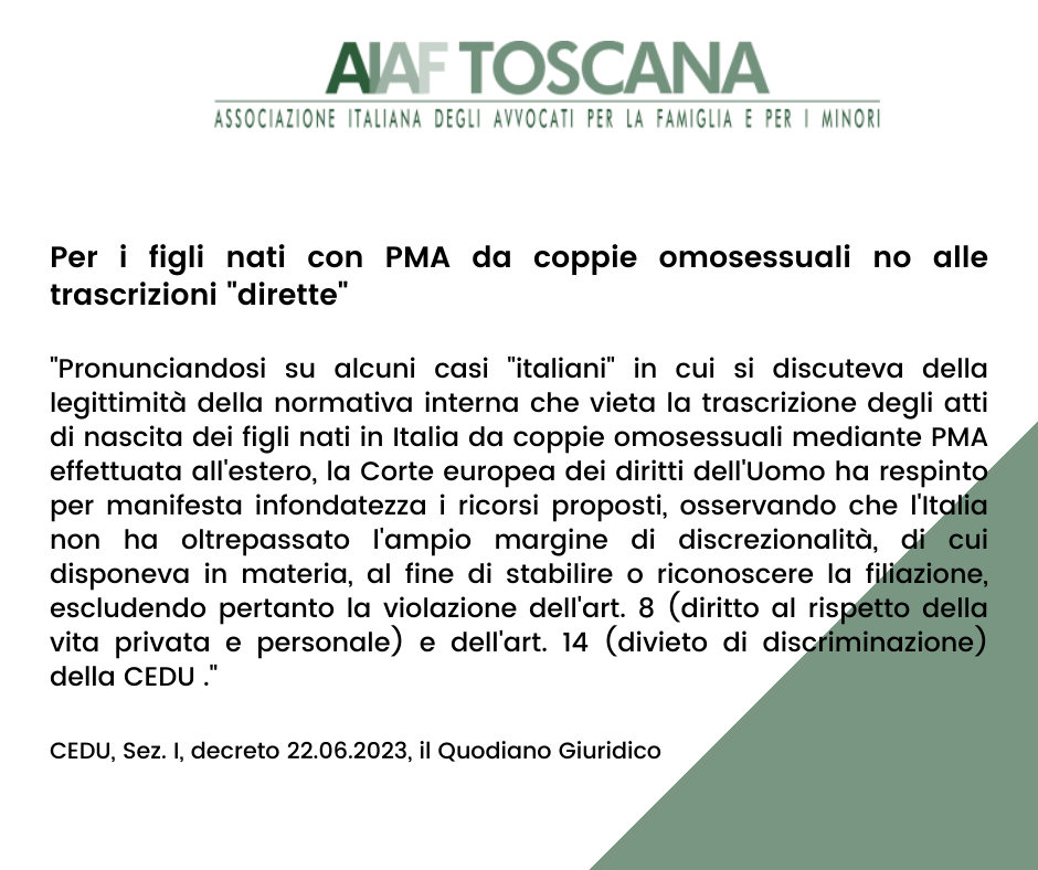 Rassegna Giurisprudenziale: Per i figli nati con PMA da coppie omosessuali no alle trascrizioni "dirette"